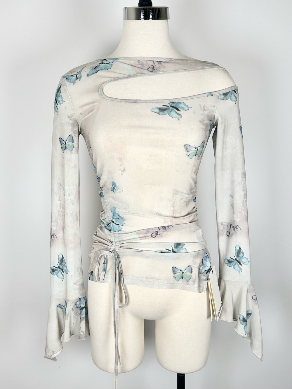 Nino Wang Sheer Mesh Top Women’s Medium Fairy Asymmetrical‎ Cinch Butterfly NEW